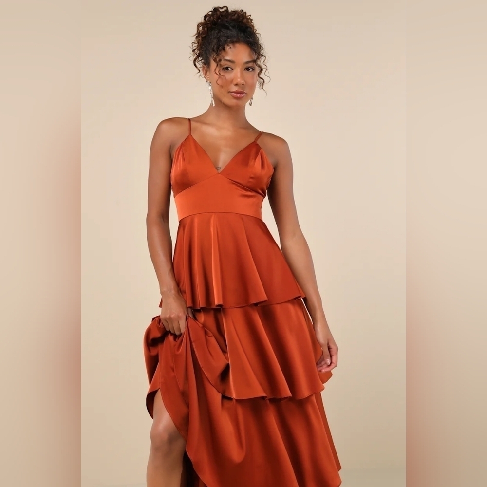 Lulus Going with Elegance Rust Brown Satin Tiered Gown Wedding Party Formal - Picture 3 of 9